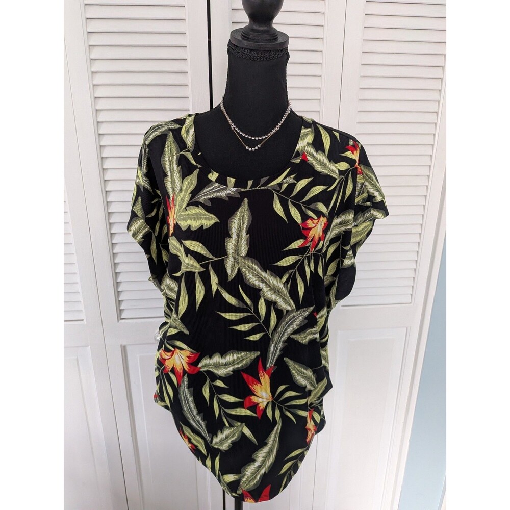 Rachel Roy Tropical Top Womens 2X Multi Floral Hawaiian V Neck Tunic Stretch NEW